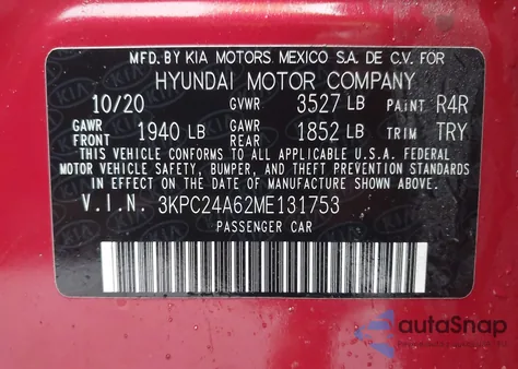 2021 Hyundai Accent Se from USA, damaged, VIN 3KPC24A62ME131753